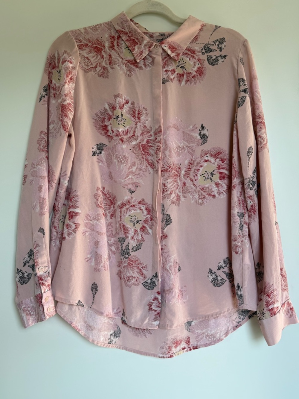 Pure Collection 100% Silk Floral Blouse Pink Button Front Size 12
